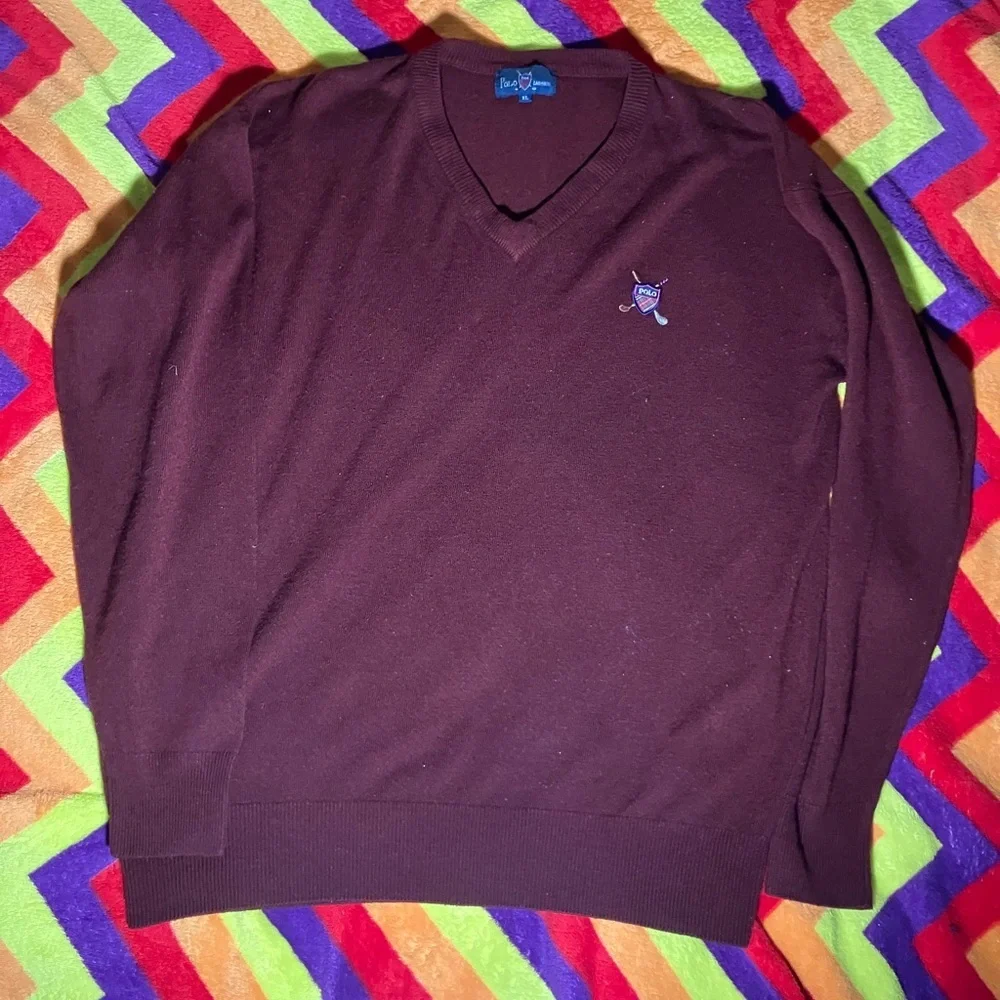 Vintage Polo Cashmere Mens V Neck Sweater Maroon Golf Crest Logo Size XL